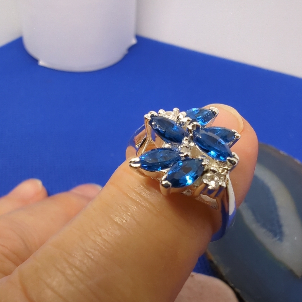 925 Sterling Silver Ring Blue Sapphire & CZ Diamond Ring Women's Jewelry NWT